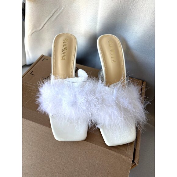 White Feathered Open-Toe Heels With Clear Strap & Square Toe By Llurujia Size 11 - Picture 2 of 5